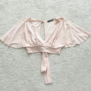 Light Pink Flutter Sleeve Crop Top